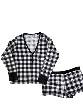 Victorias Secret Womens Thermal Short Pajama Set Size XL Black White Plaid Heart